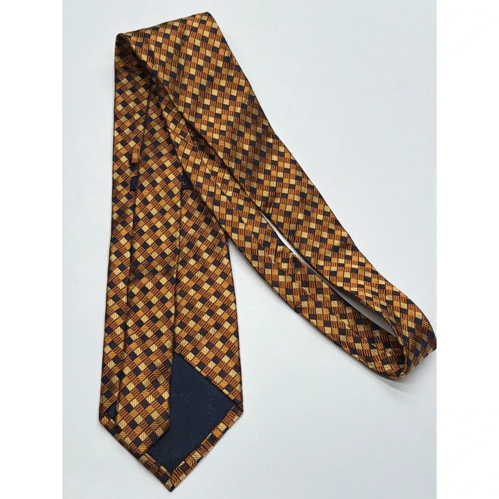 Paul Fredrick Mens Silk Tie Gold Copper Navy‎ Geometric Check Woven Hand Made